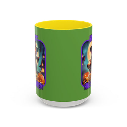 Happy Halloween Little Witch Purple font Green Accent Mug by CreepyCrafts.boo