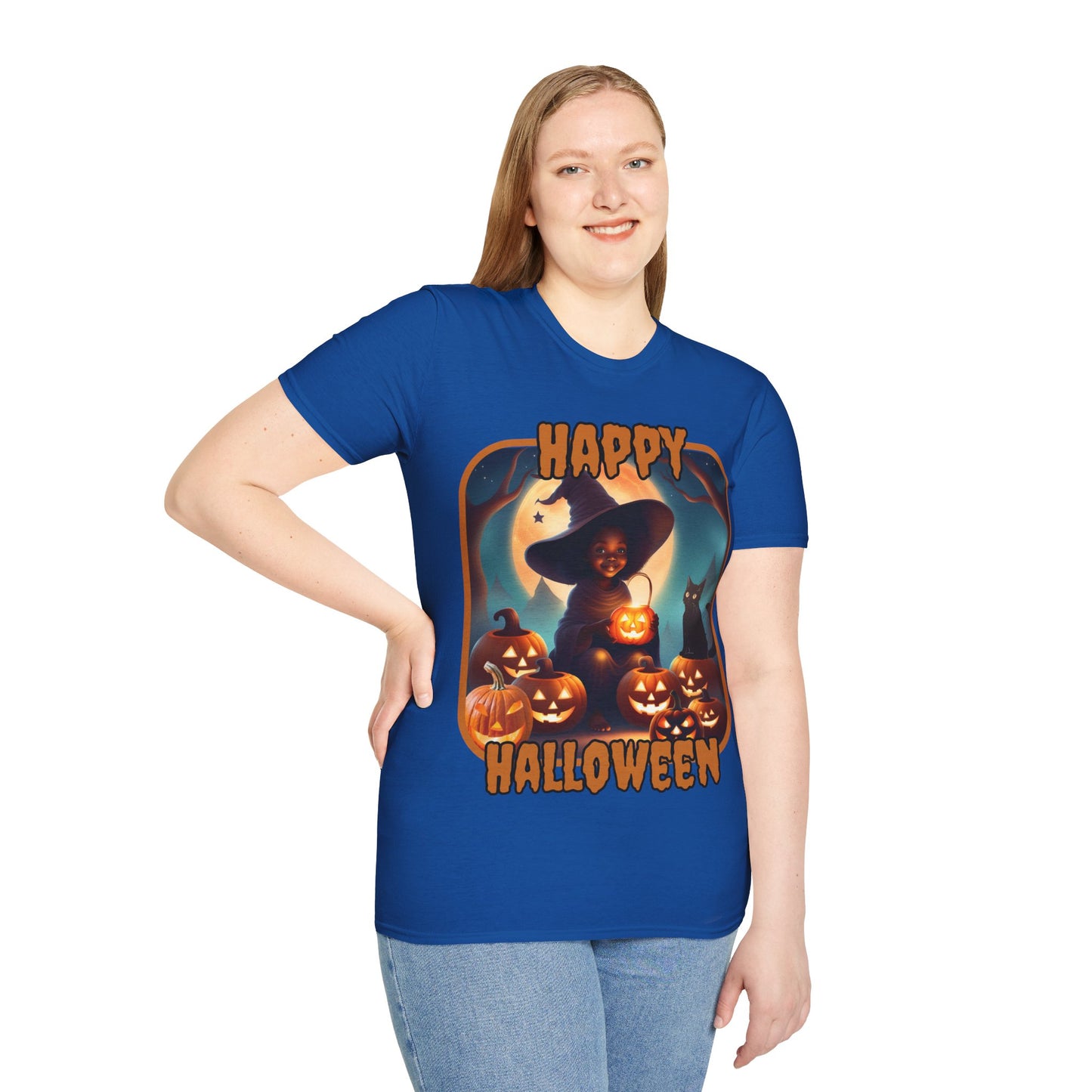 Happy Halloween Cute Witch Orange font, Dark colors, Unisex T-Shirt by CreepyCrafts.boo