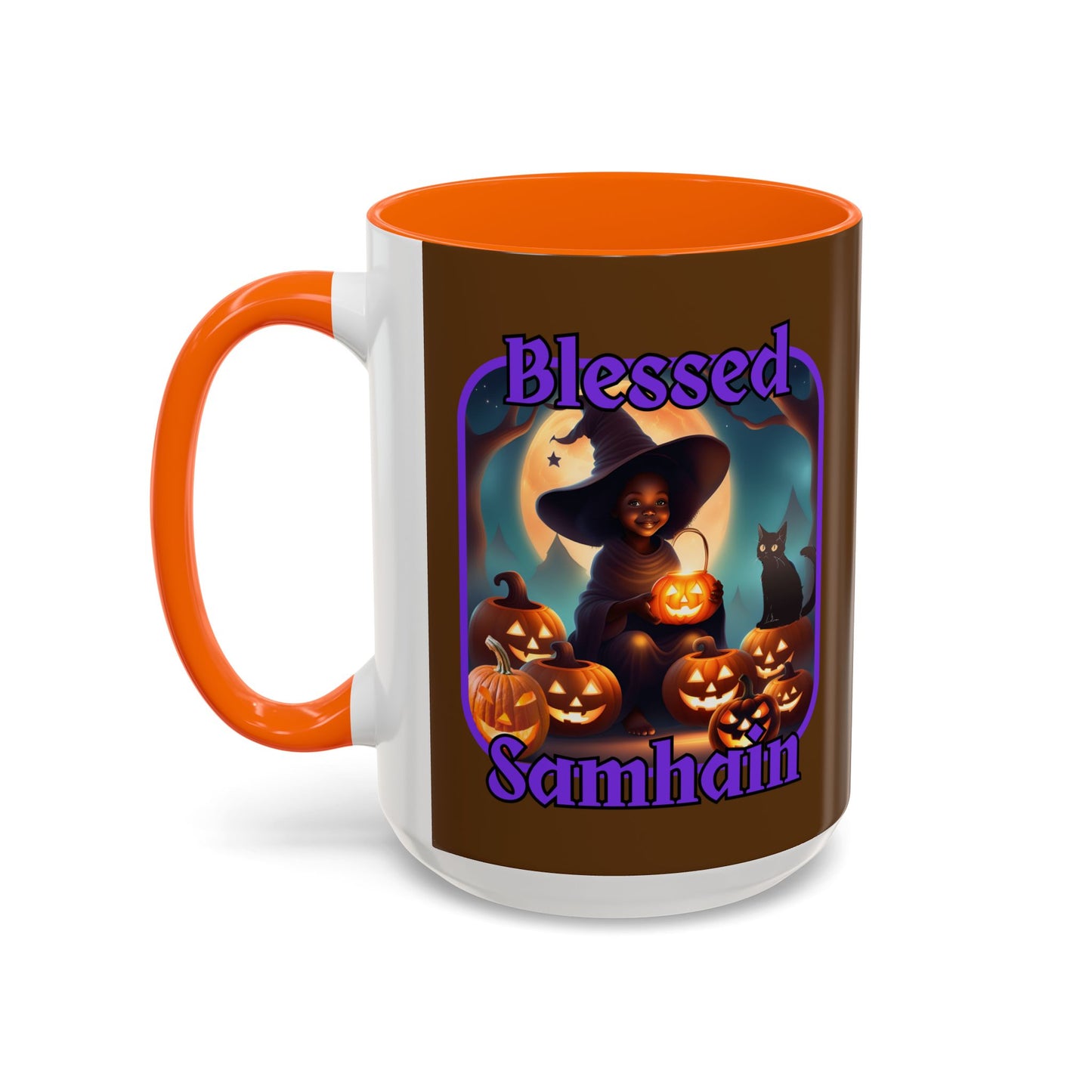 Blessed Samhain Cute Witch Purple font Brown Accent Mug by CreepyCrafts.boo