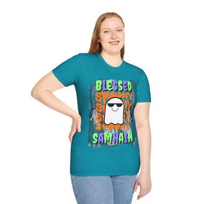 Spooky Blessed Samhain Ghost Mixed font Unisex T-Shirt by CreepyCrafts.boo