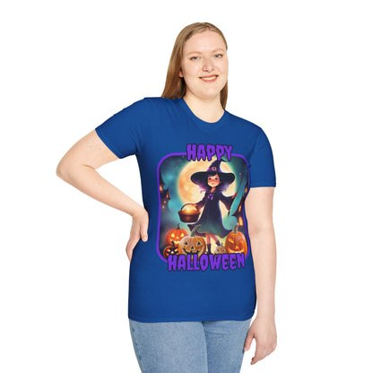 Happy Halloween Little Witch Purple font, Dark colors, Unisex T-Shirt by CreepyCrafts.boo