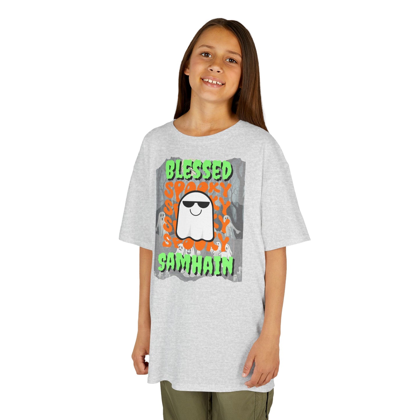 Spooky Blessed Samhain Ghost Green font Kids Heavy Cotton™ Tee by CreepyCrafts.boo