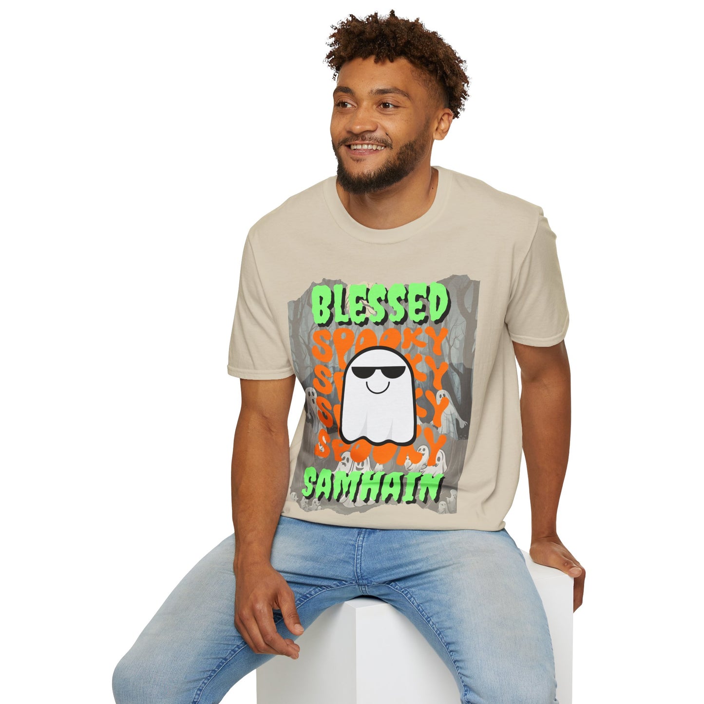 Spooky Blessed Samhain Ghost Green font Unisex T-Shirt by CreepyCrafts.boo