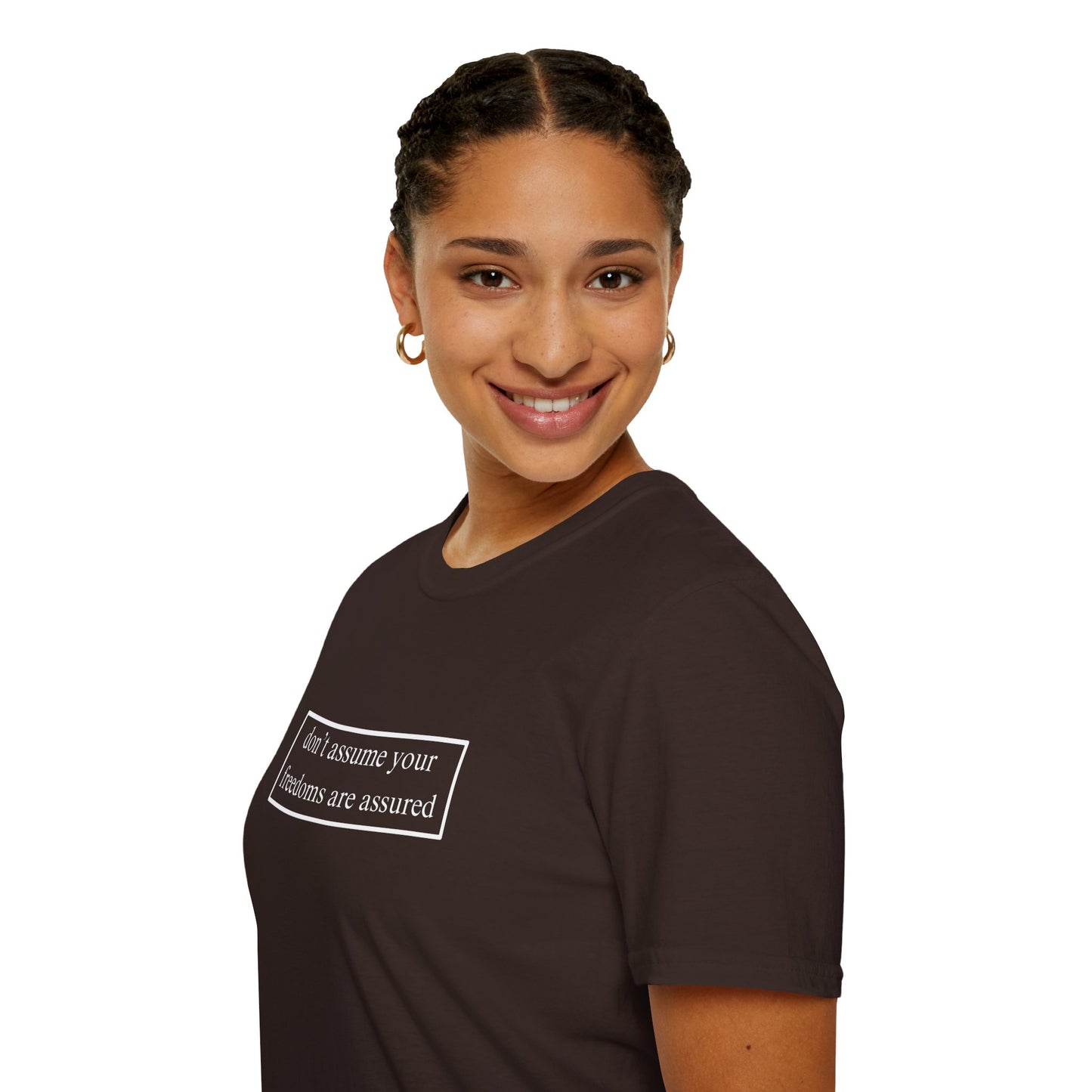 don't assume your freedoms are assured, Dark colors, White font, Unisex T-Shirt by cypherpunkgear.com
