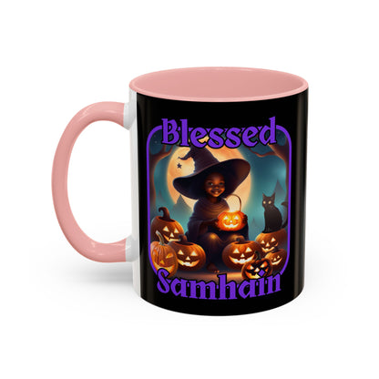 Blessed Samhain Cute Witch Purple font Black Accent Mug by CreepyCrafts.boo