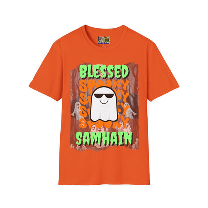 Spooky Blessed Samhain Ghost Green font Unisex T-Shirt by CreepyCrafts.boo