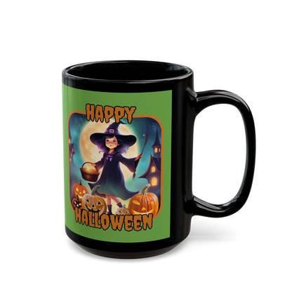 Happy Halloween Little Witch Orange font Green Mug by CreepyCrafts.boo