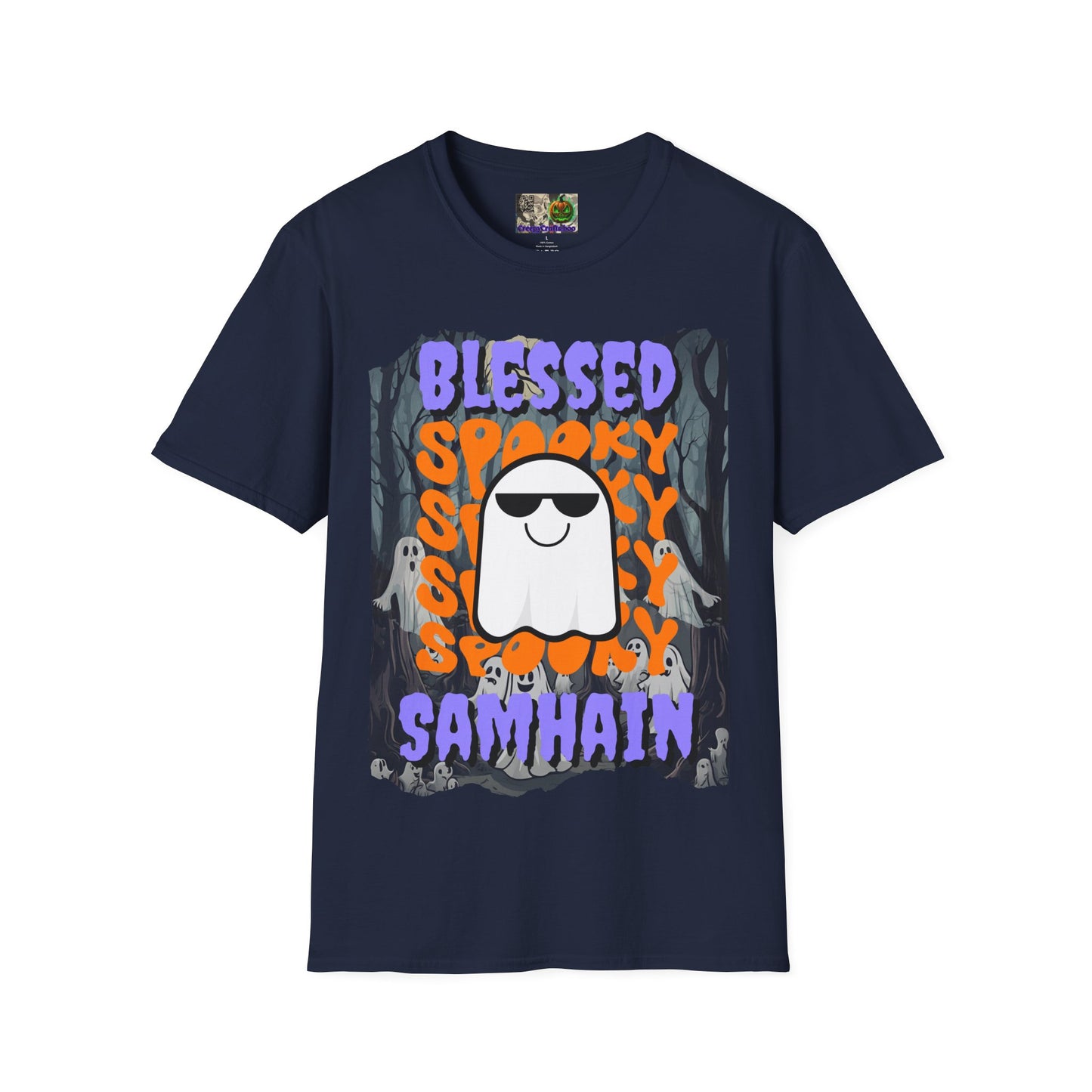 Spooky Blessed Samhain Ghost Purple font Unisex T-Shirt by CreepyCrafts.boo