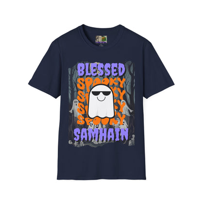 Spooky Blessed Samhain Ghost Purple font Unisex T-Shirt by CreepyCrafts.boo