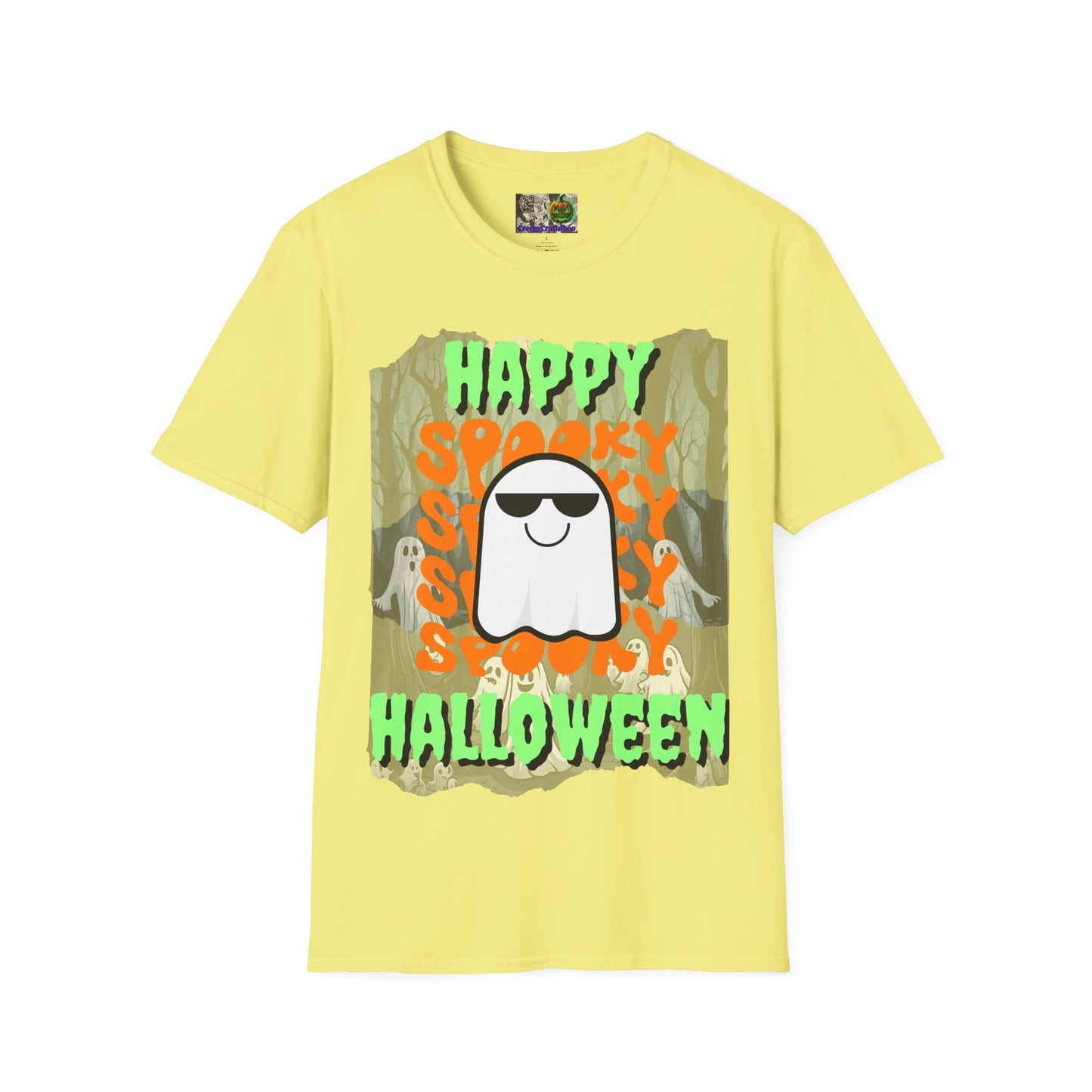 Spooky Happy Halloween Ghost Light colors Green font Unisex T-Shirt by CreepyCrafts.boo