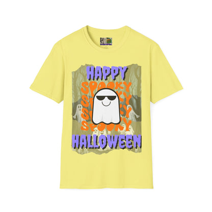 Spooky Happy Halloween Ghost Light colors Purple font Unisex T-Shirt by CreepyCrafts.boo