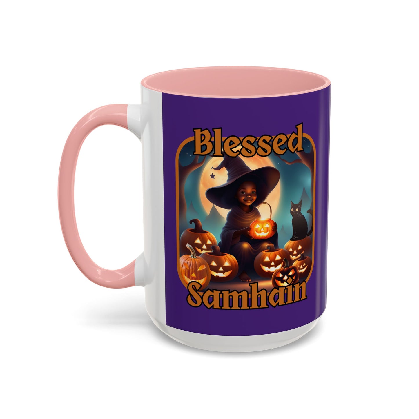 Blessed Samhain Cute Witch Orange font Purple Accent Mug by CreepyCrafts.boo