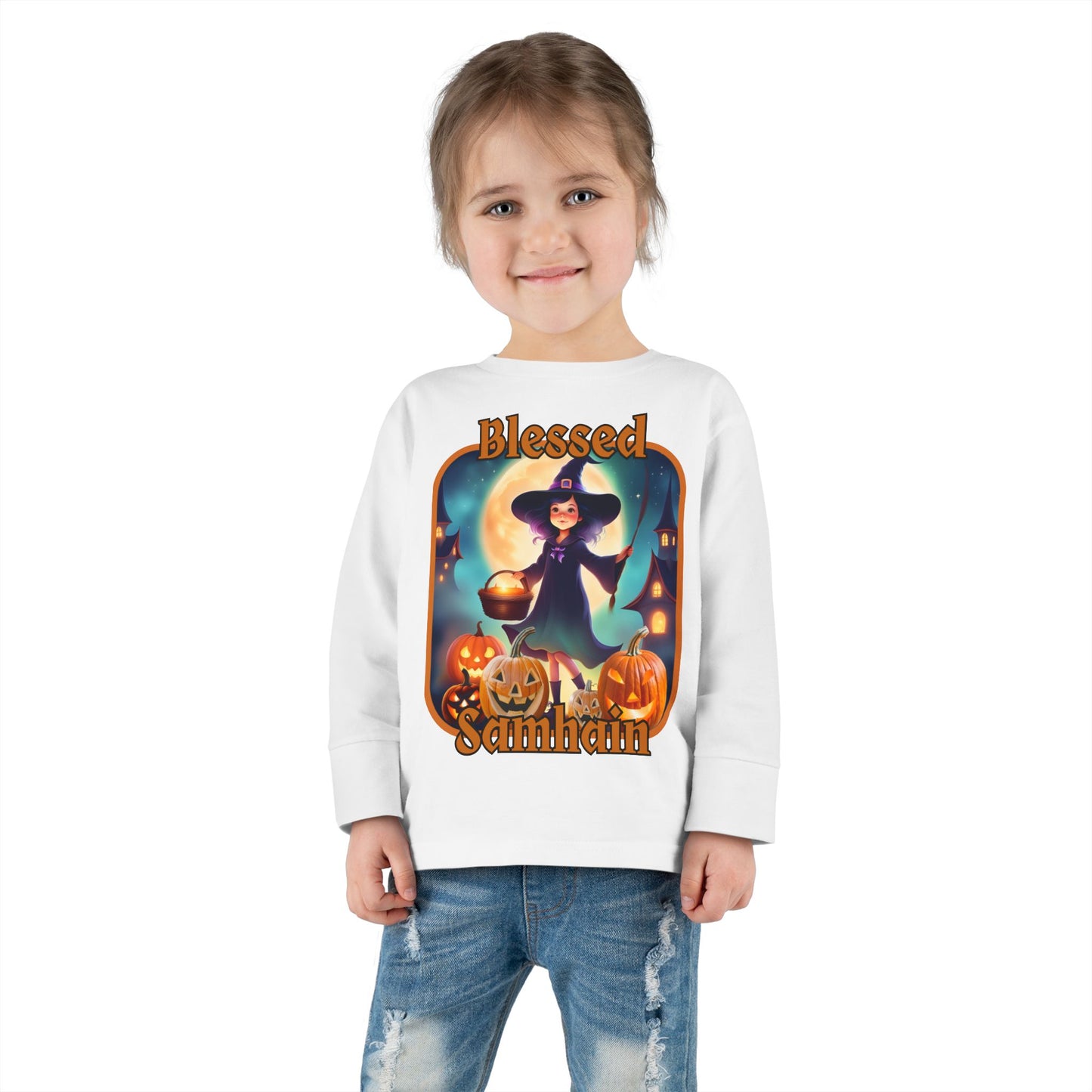 Blessed Samhain Little Witch Orange font Toddler Long Sleeve Tee by CreepyCrafts.boo