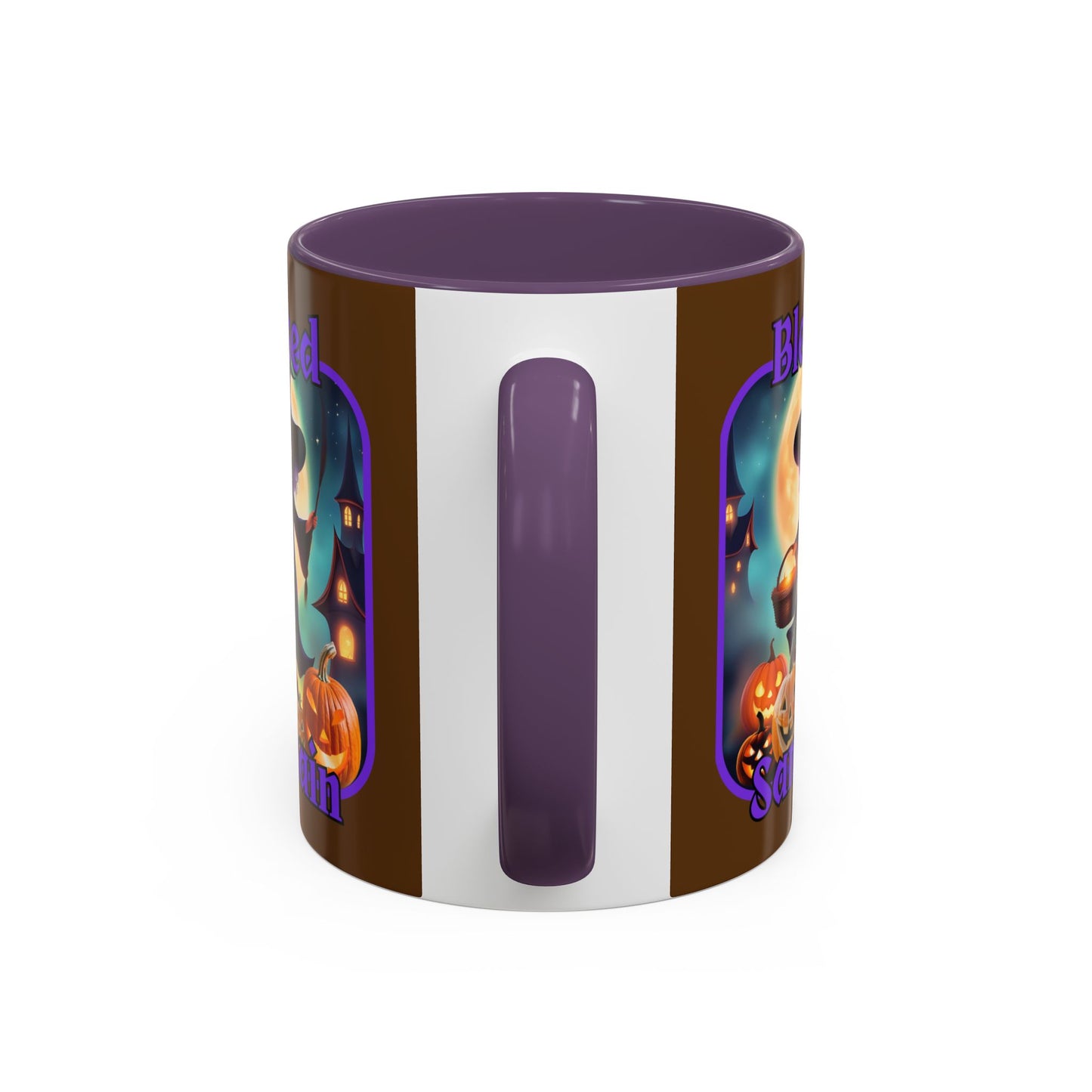 Blessed Samhain Little Witch Purple font Brown Accent Mug by CreepyCrafts.boo