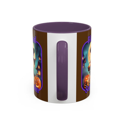 Blessed Samhain Little Witch Purple font Brown Accent Mug by CreepyCrafts.boo