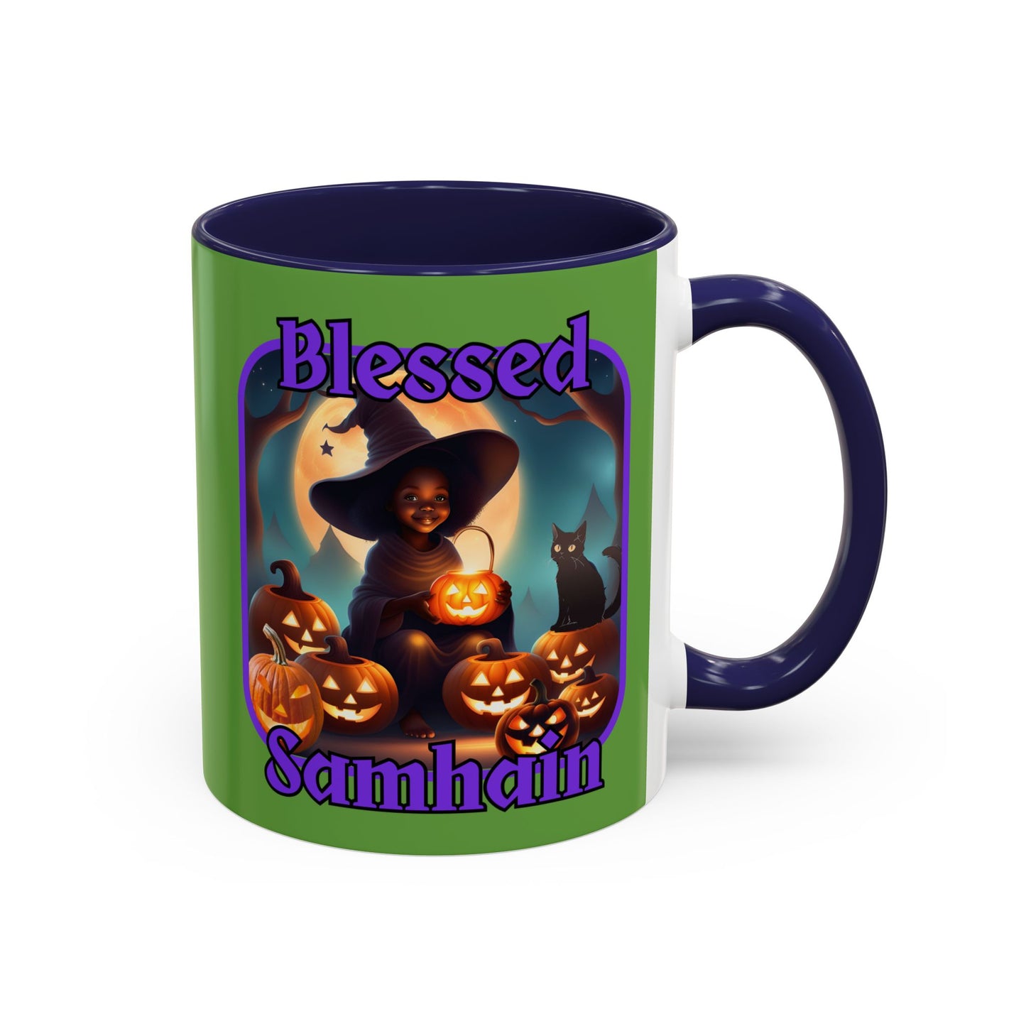 Blessed Samhain Cute Witch Purple font Green Accent Mug by CreepyCrafts.boo