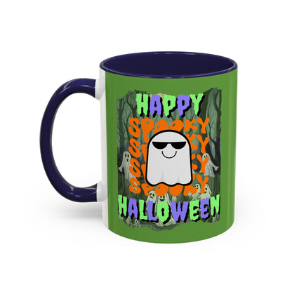 Spooky Happy Halloween Ghost Mixed font Green Accent Mug by CreepyCrafts.boo