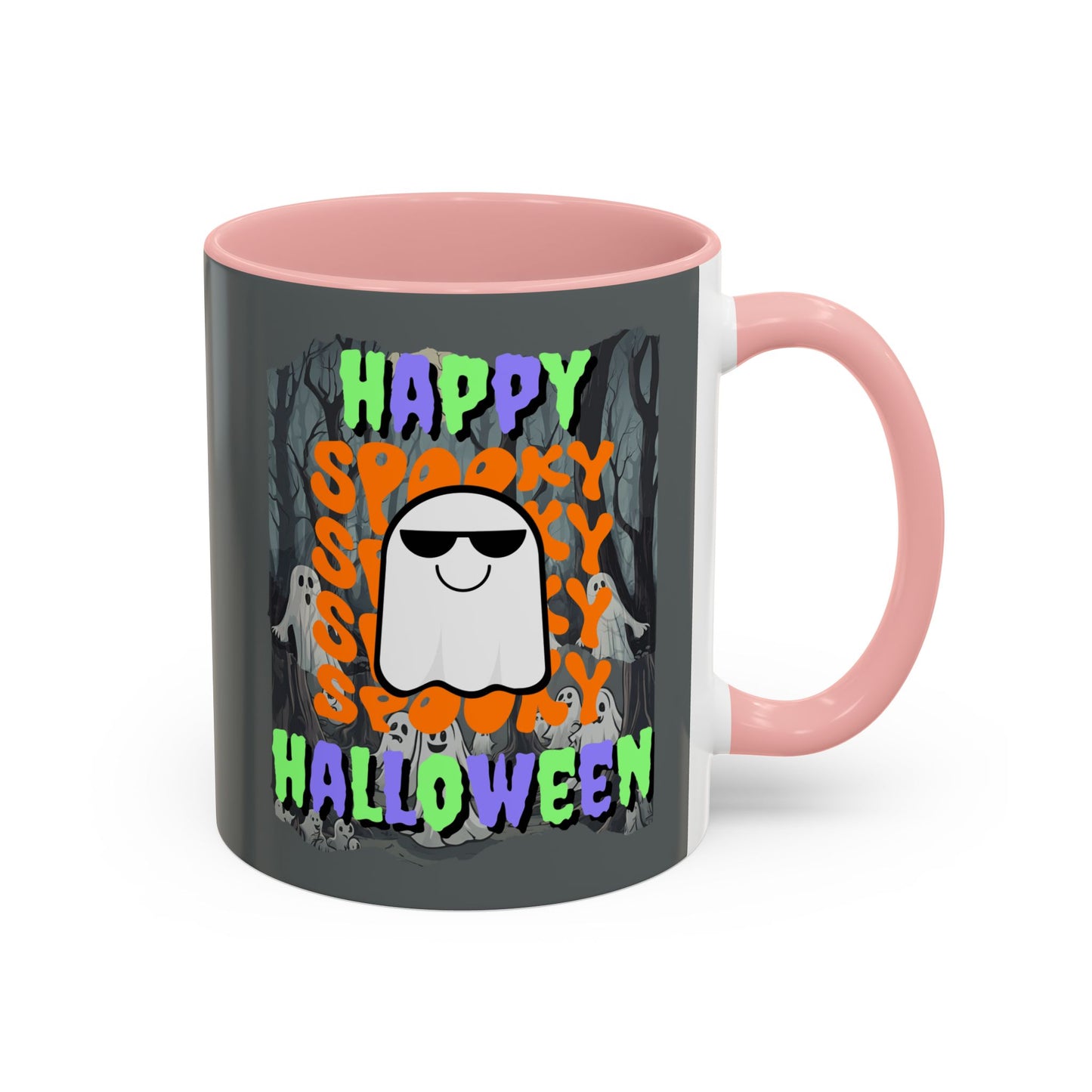 Spooky Happy Halloween Ghost Mixed font Grey Accent Mug by CreepyCrafts.boo