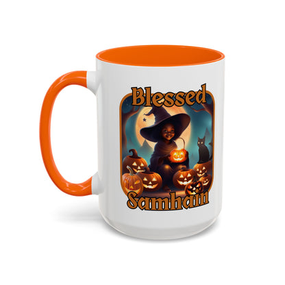 Blessed Samhain Cute Witch Orange font White Accent Mug by CreepyCrafts.boo