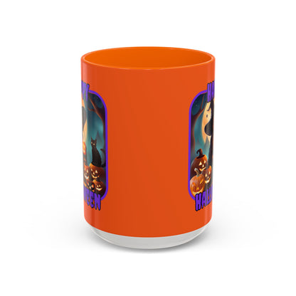 Happy Halloween Cute Witch Purple font Orange Accent Mug by CreepyCrafts.boo