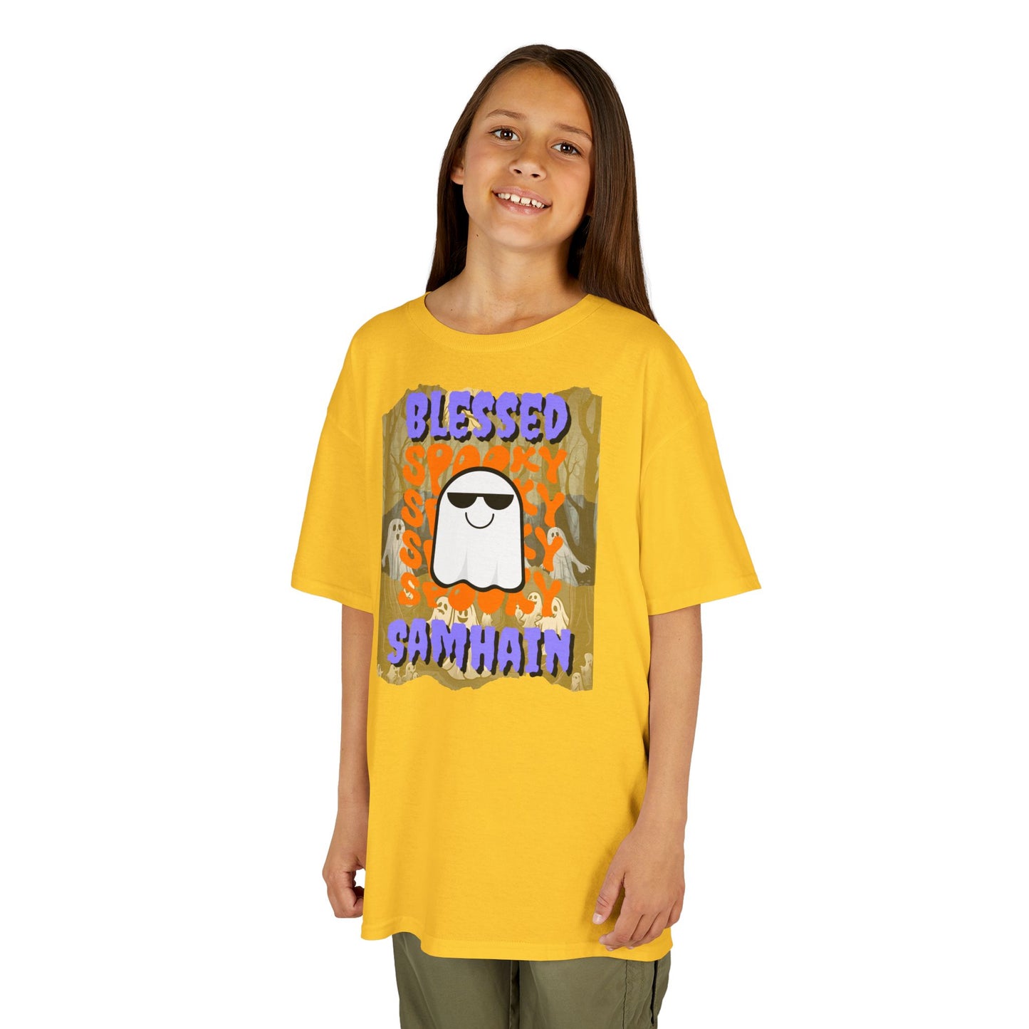 Spooky Blessed Samhain Ghost Purple font Kids Heavy Cotton™ Tee by CreepyCrafts.boo
