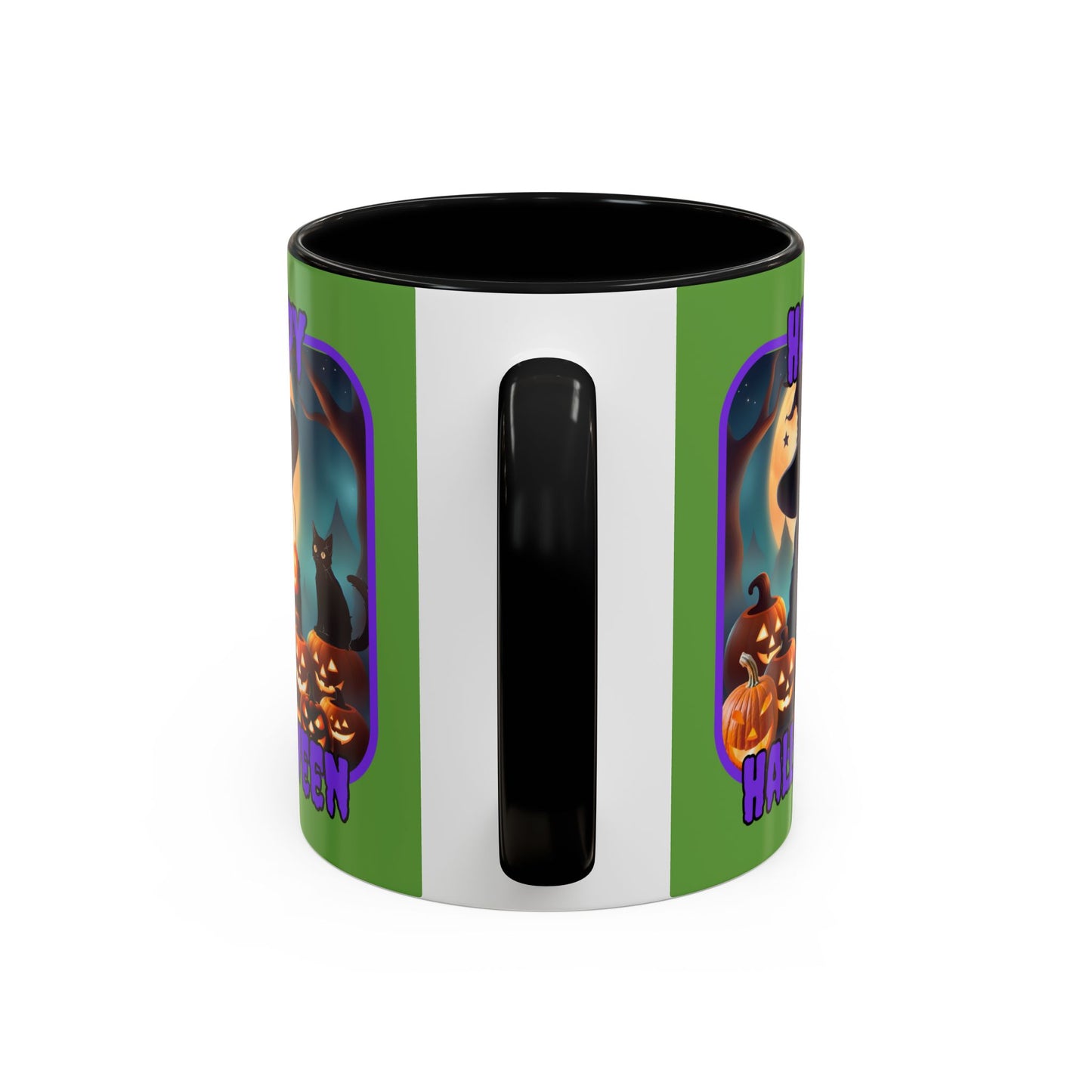 Happy Halloween Cute Witch Purple font Green Accent Mug by CreepyCrafts.boo