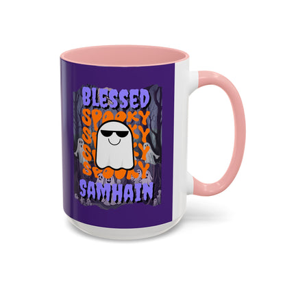 Spooky Blessed Samhain Ghost Purple font Accent Mug by CreepyCrafts.boo