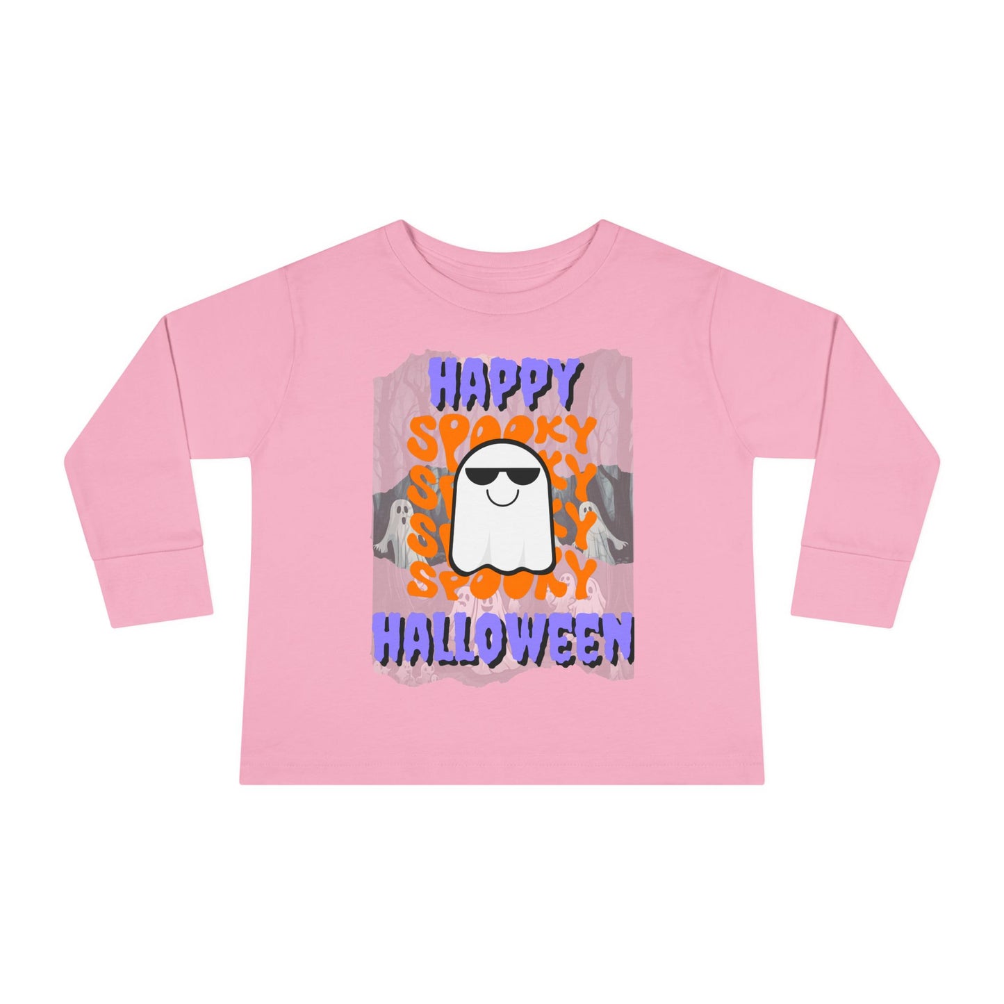 Spooky Happy Halloween Ghost Purple font Toddler Long Sleeve Tee by CreepyCrafts.boo