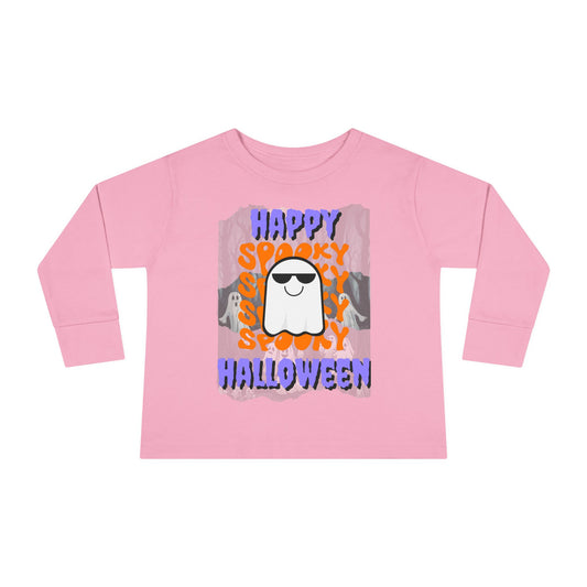 Spooky Happy Halloween Ghost Purple font Toddler Long Sleeve Tee by CreepyCrafts.boo