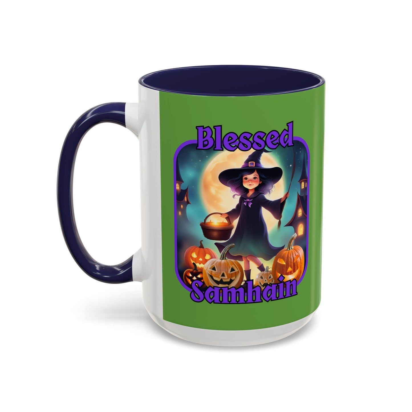 Blessed Samhain Little Witch Purple font Green Accent Mug by CreepyCrafts.boo