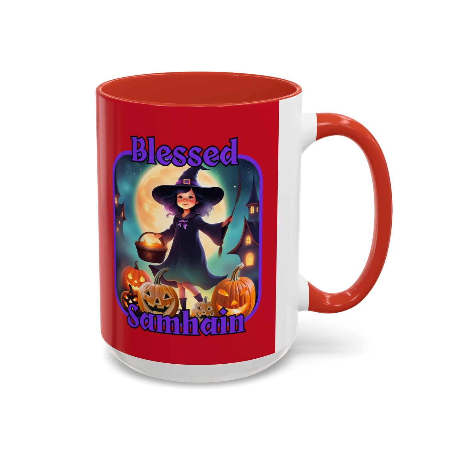 Blessed Samhain Little Witch Purple font Red Accent Mug by CreepyCrafts.boo