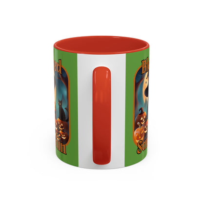 Blessed Samhain Cute Witch Orange font Green Accent Mug by CreepyCrafts.boo