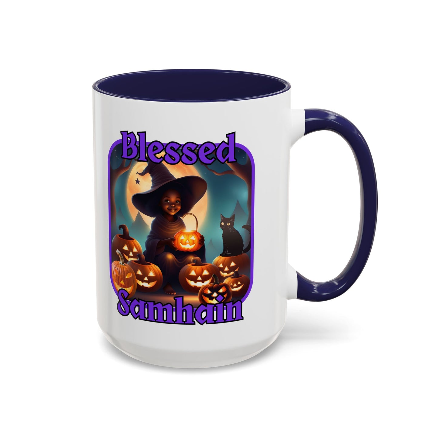 Blessed Samhain Cute Witch Purple font White Accent Mug by CreepyCrafts.boo