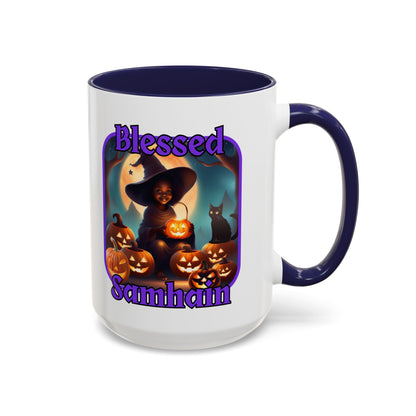 Blessed Samhain Cute Witch Purple font White Accent Mug by CreepyCrafts.boo