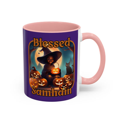 Blessed Samhain Cute Witch Orange font Purple Accent Mug by CreepyCrafts.boo