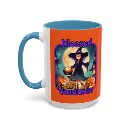Blessed Samhain Little Witch Purple font Orange Accent Mug by CreepyCrafts.boo
