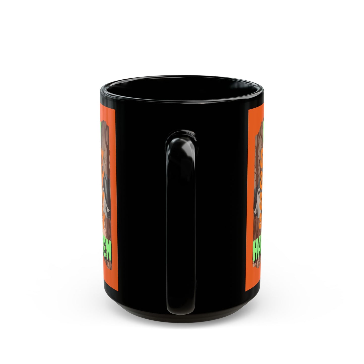 Spooky Happy Halloween Ghost Green font Orange Mug by CreepyCrafts.boo