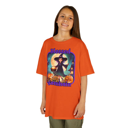 Blessed Samhain Little Witch Purple font Kids Heavy Cotton™ Tee by CreepyCrafts.boo