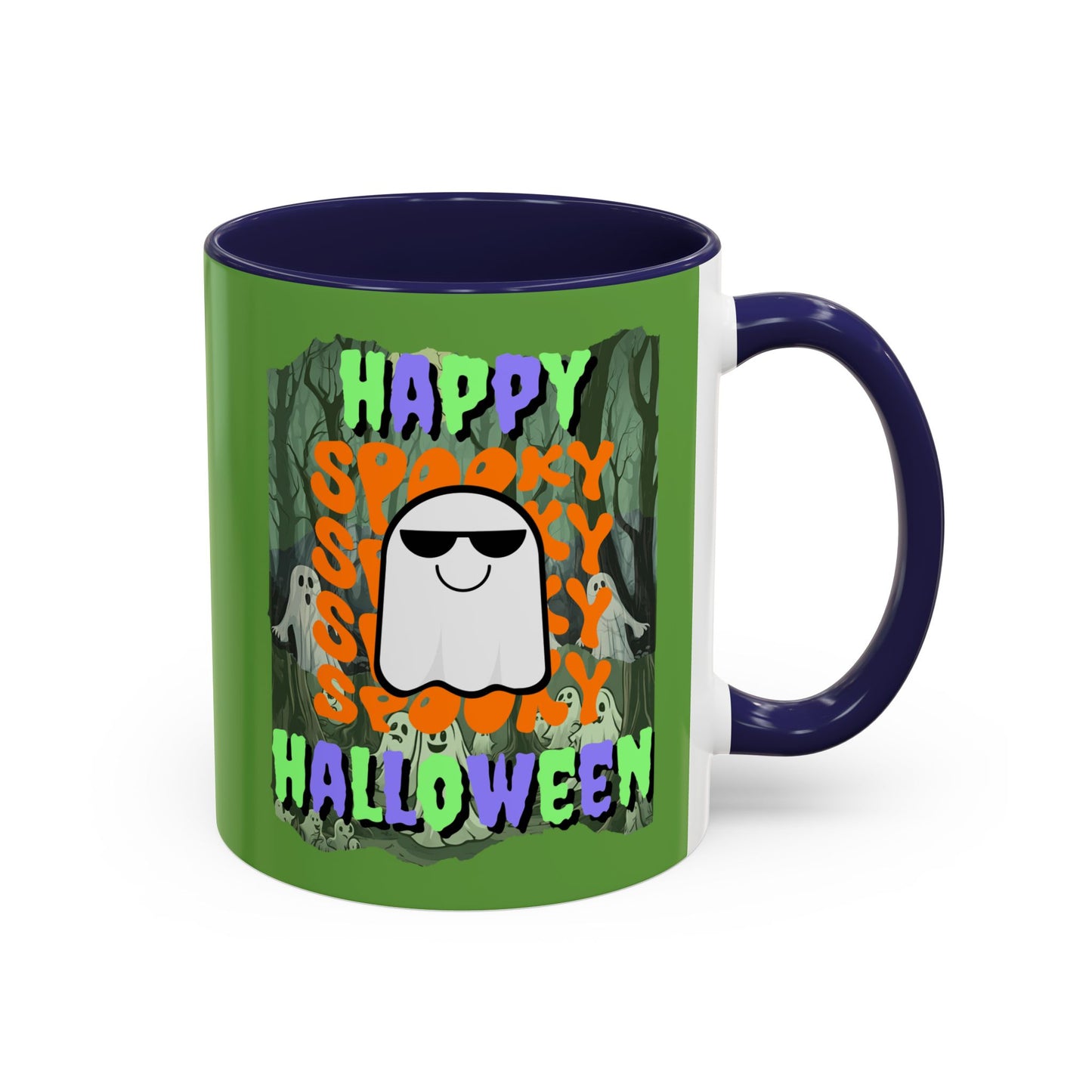 Spooky Happy Halloween Ghost Mixed font Green Accent Mug by CreepyCrafts.boo