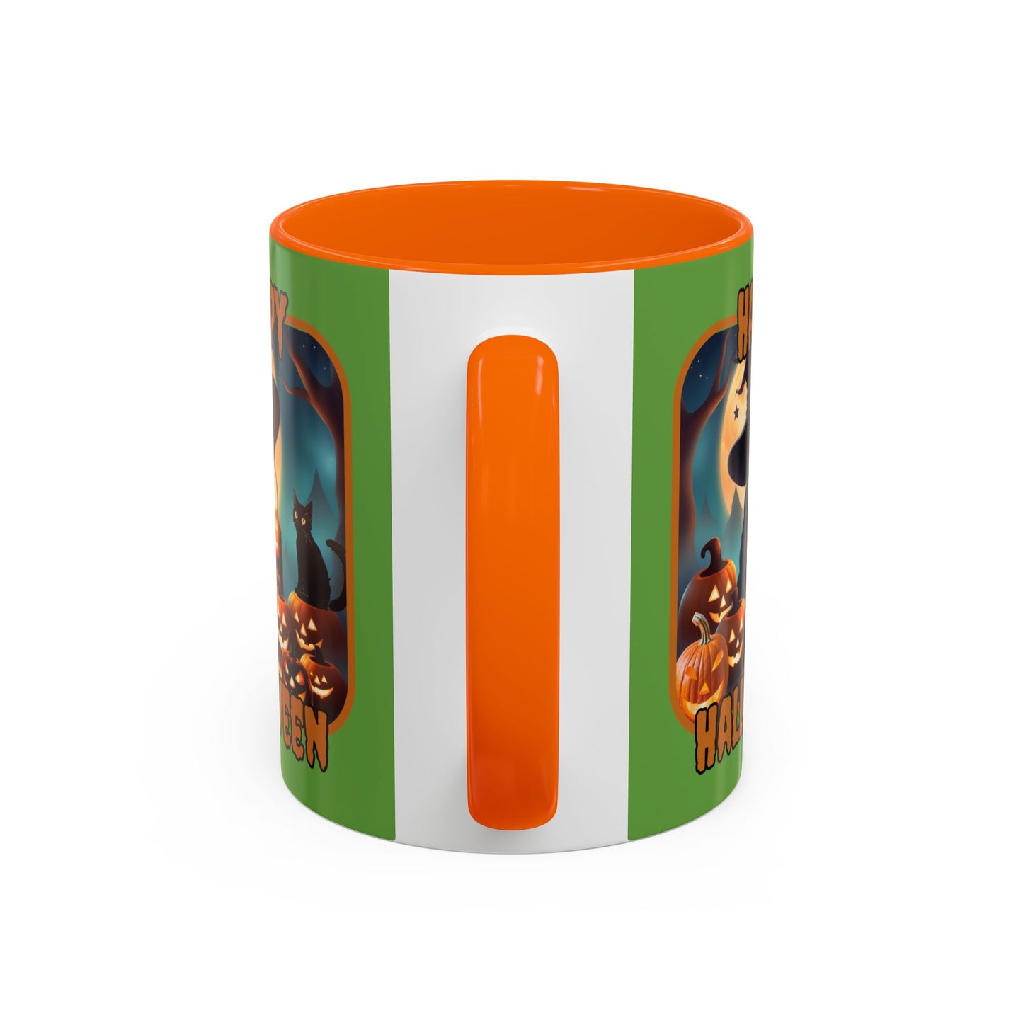 Happy Halloween Cute Witch Orange font Green Accent Mug by CreepyCrafts.boo