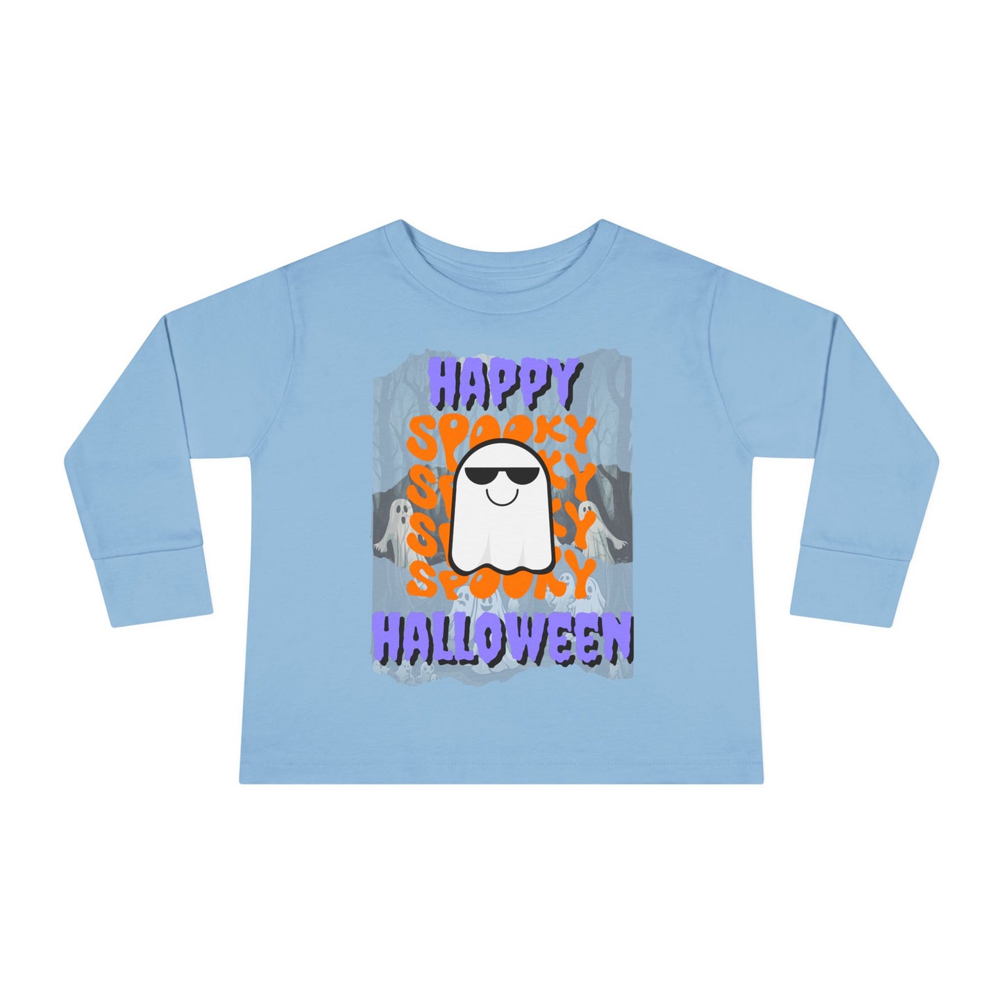 Spooky Happy Halloween Ghost Purple font Toddler Long Sleeve Tee by CreepyCrafts.boo