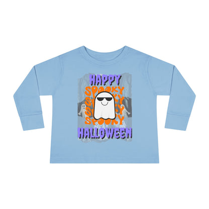 Spooky Happy Halloween Ghost Purple font Toddler Long Sleeve Tee by CreepyCrafts.boo