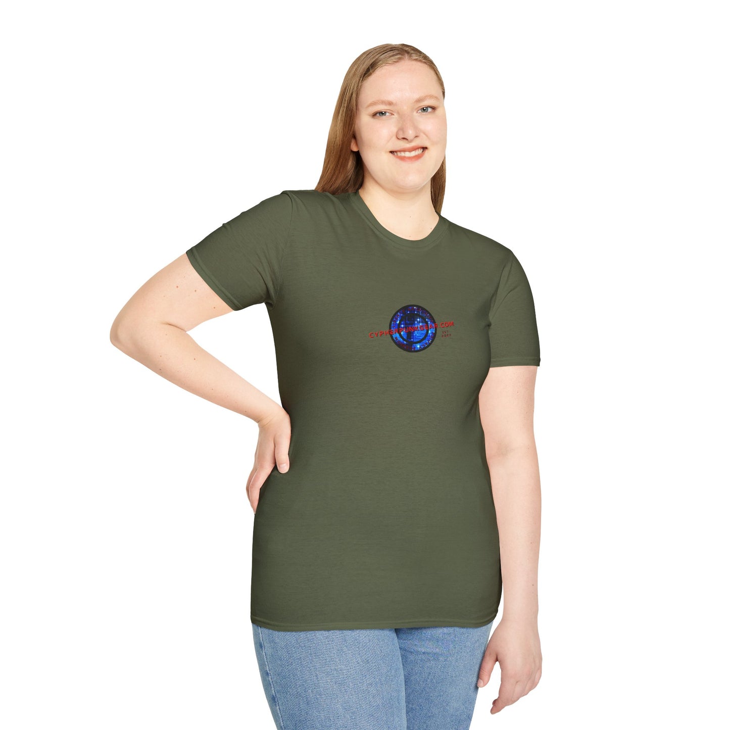 2-sided, cypherpunkgear.com Logo & Cityscape Dark colors Unisex T-Shirt by cypherpunkgear.com