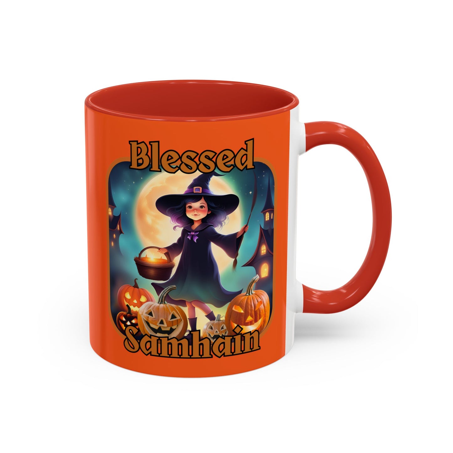 Blessed Samhain Little Witch Orange font Orange Accent Mug by CreepyCrafts.boo