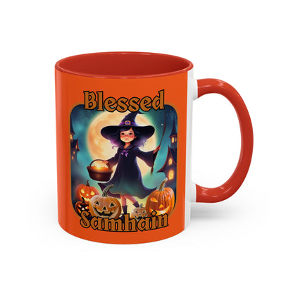 Blessed Samhain Little Witch Orange font Orange Accent Mug by CreepyCrafts.boo