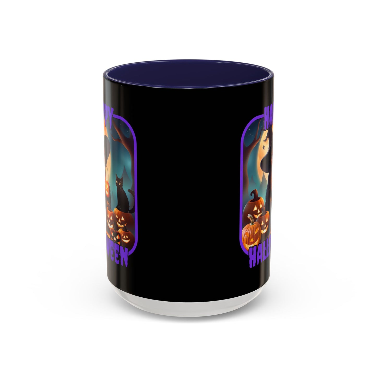 Happy Halloween Cute Witch Purple font Black Accent Mug by CreepyCrafts.boo