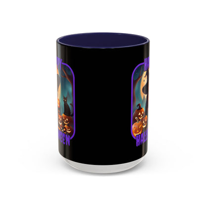 Happy Halloween Cute Witch Purple font Black Accent Mug by CreepyCrafts.boo