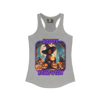 Happy Halloween Cute Witch Purple font Women's Racerback Tank Top by CreepyCrafts.boo