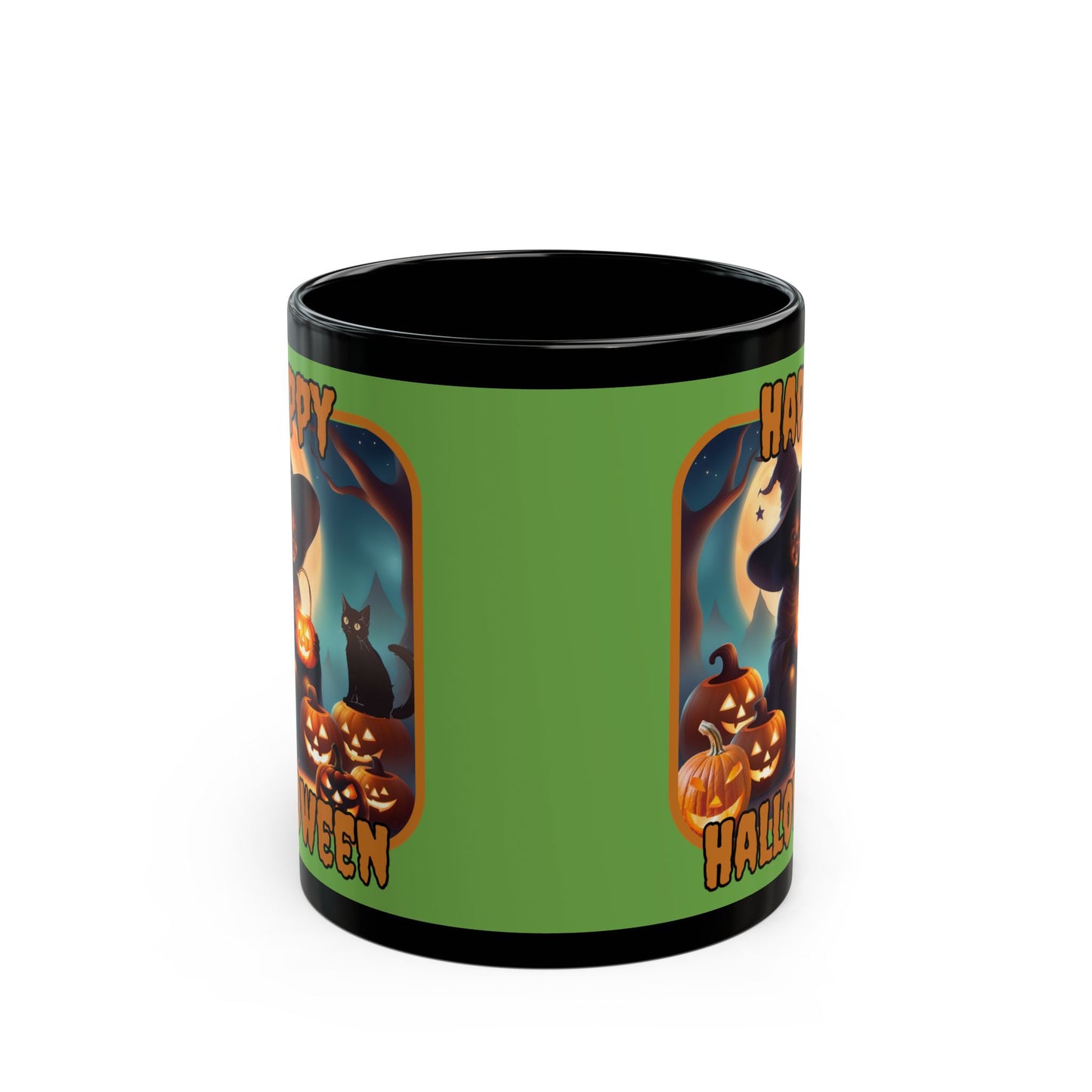 Happy Halloween Cute Witch Orange font Green Mug by CreepyCrafts.boo