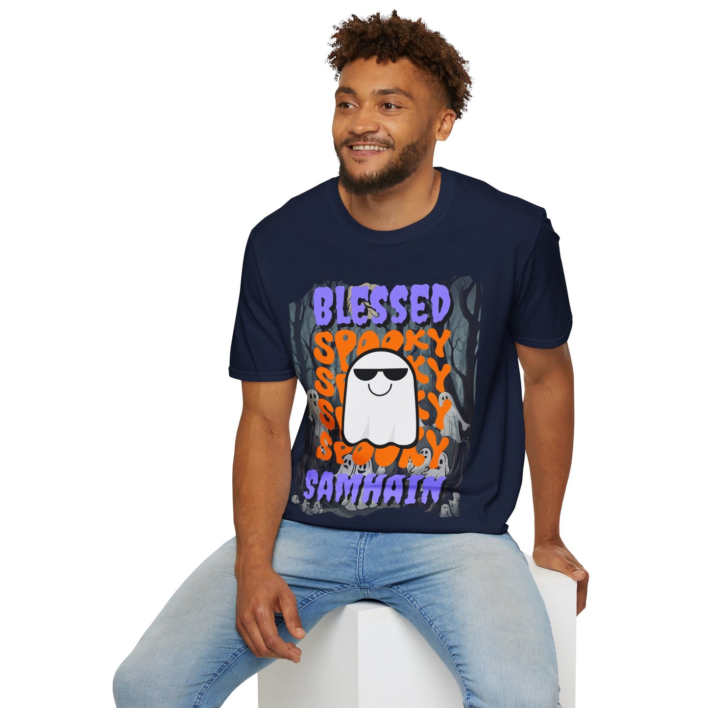 Spooky Blessed Samhain Ghost Purple font Unisex T-Shirt by CreepyCrafts.boo